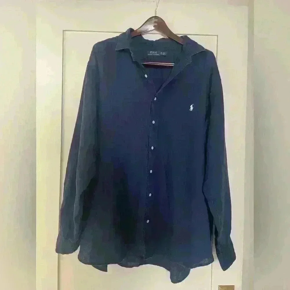 Polo Ralph Lauren 100%  Linen Shirt‎ Navy Long Sleeve Clean Lightweight 2XB